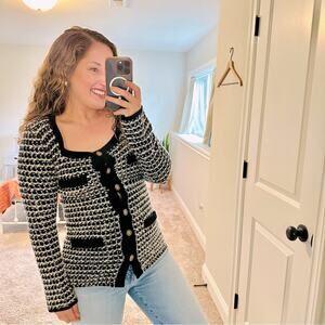 Sea New York Black White Textured Knit Button Front Cardigan Jacket XS